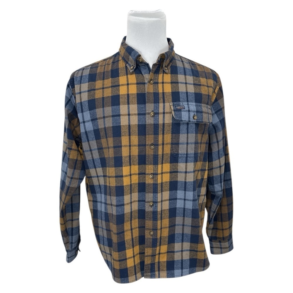 Smith’s Workwear Men's Flannel Shirt Blue Orange Plaid Button Up Long Sleeve XL
